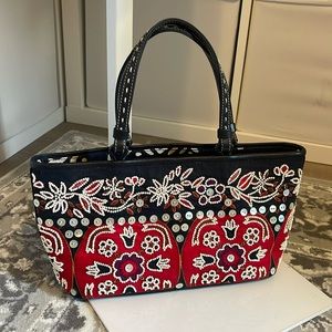 Isabella Fiori Beaded Canvas Leather Handbag Black Red